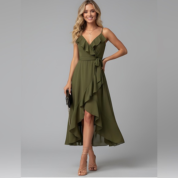 Ruffle Trim Spaghetti Strap Dress Green - Picture 1 of 10